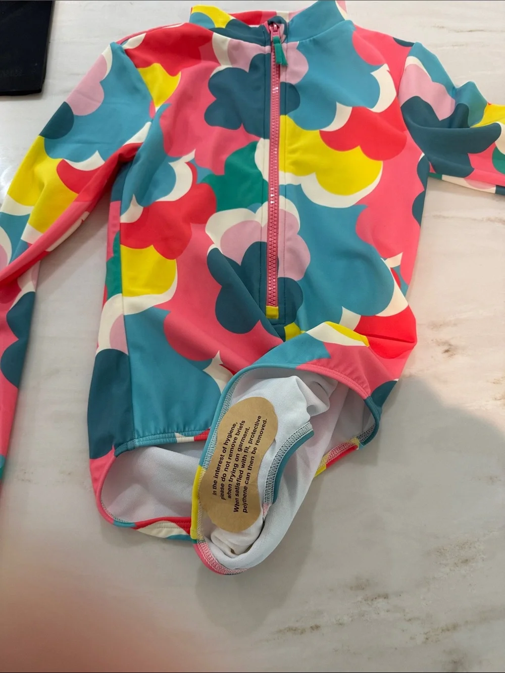 Boden Girls' Long Sleeve One-Piece Swimsuit in Multi Pink, Teal & Yellow